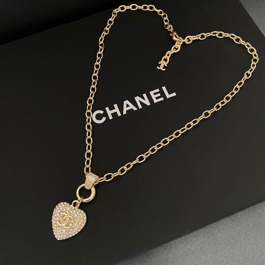 Classic Double C Heart Shape Rhinestone Cutout Necklace