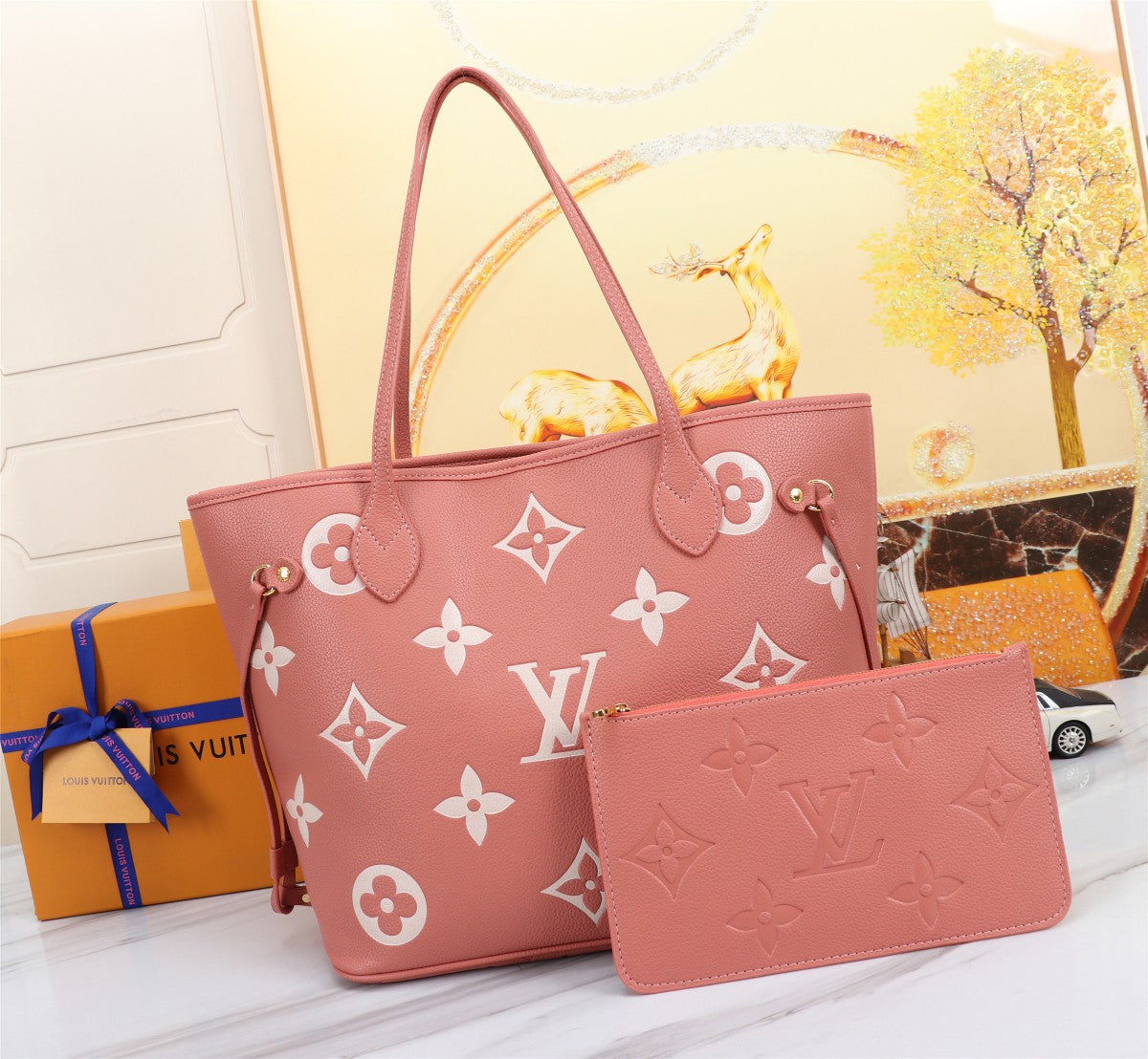 Romantic Pink Full Leather Embossed Shopping Bag