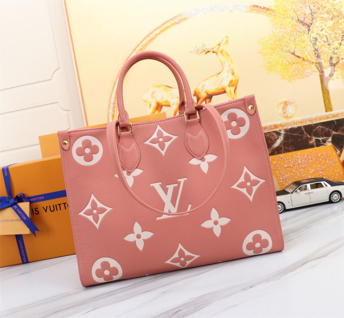 Romantic Pink Full Leather Embossed Tote Bag