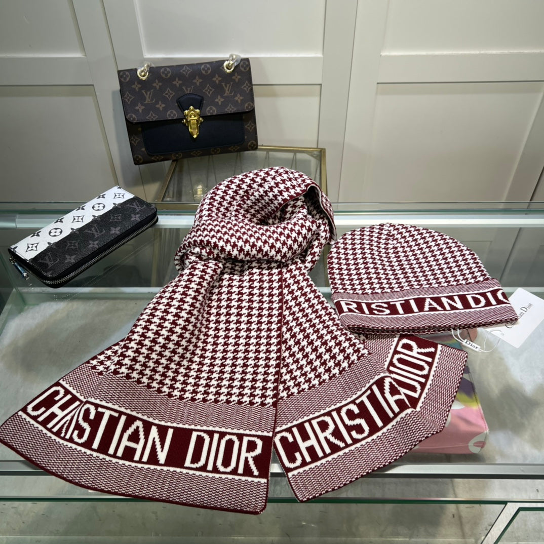 Winter new plaid cashmere wool scarf and hat combination