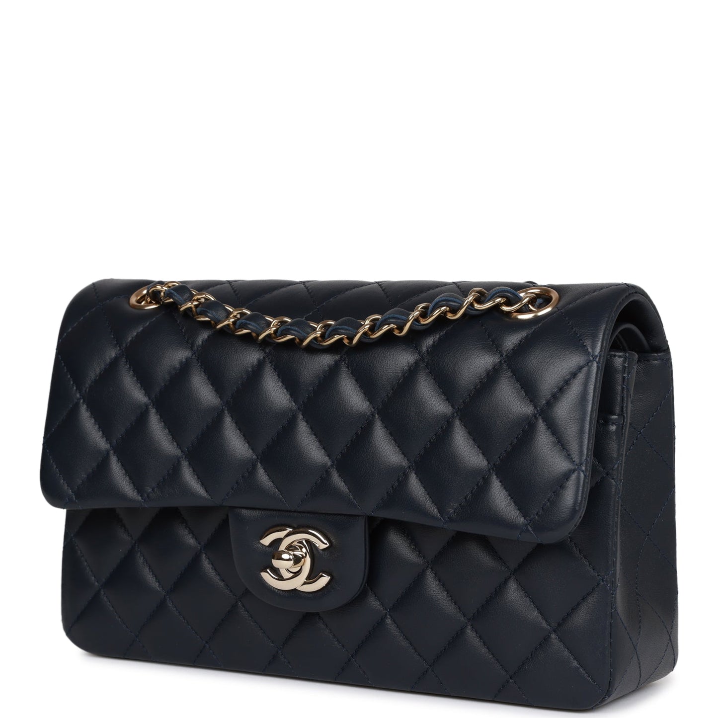 Small Classic Double Flap Navy Lambskin Light Gold Hardware