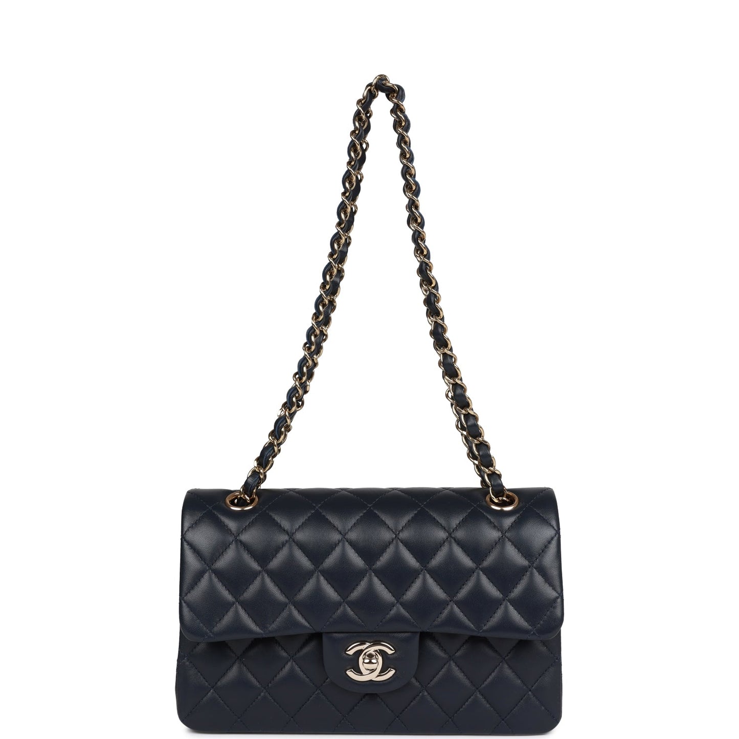 Small Classic Double Flap Navy Lambskin Light Gold Hardware