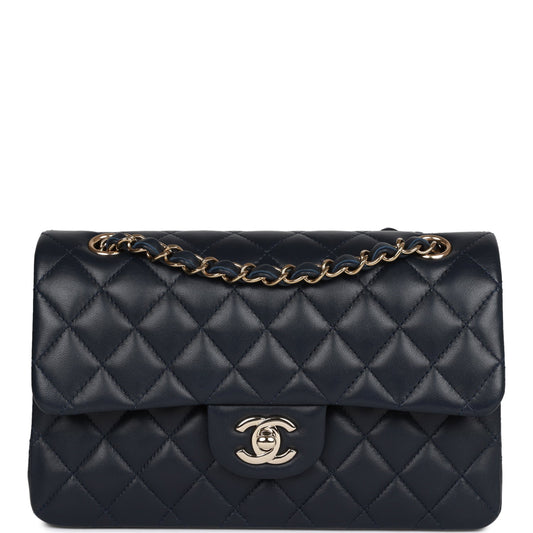 Small Classic Double Flap Navy Lambskin Light Gold Hardware