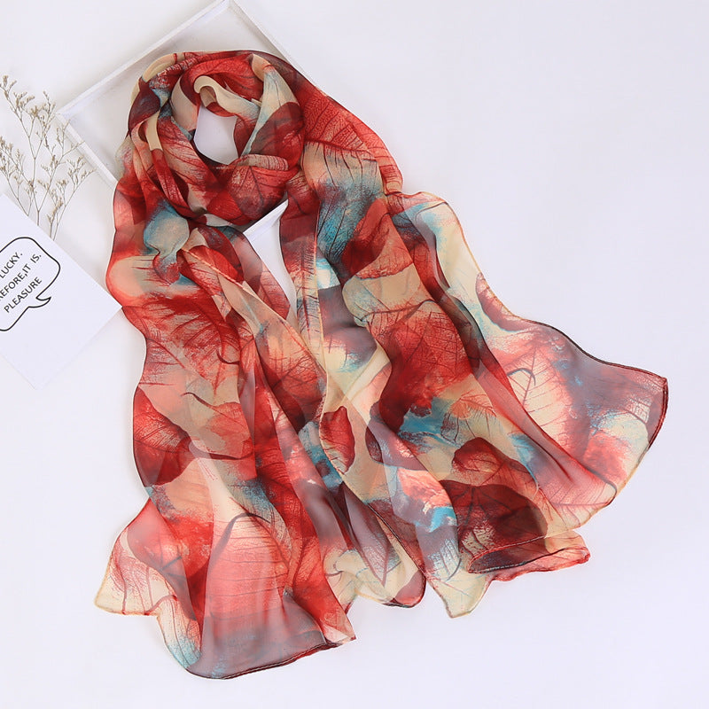 Thin Sunscreen Leaf Pattern Silk Scarf