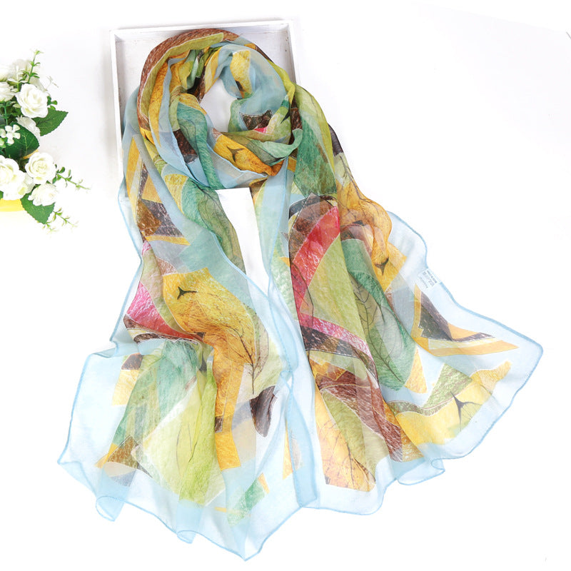 Thin Sunscreen Leaf Pattern Silk Scarf