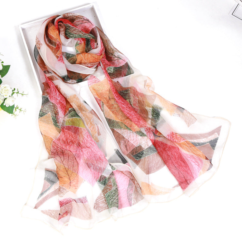 Thin Sunscreen Leaf Pattern Silk Scarf