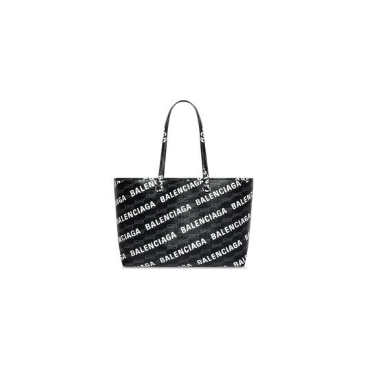 WOMEN'S SIGNATURE MEDIUM EAST-WEST SHOPPER BAG BB MONOGRAM COATED CANVAS AND ALLOVER LOGO IN BLACK