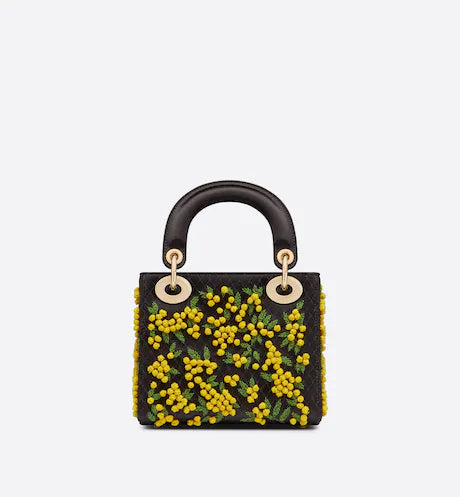 MINI LADY  BAG Yellow and Green Black Mimosa Embroidered Satin