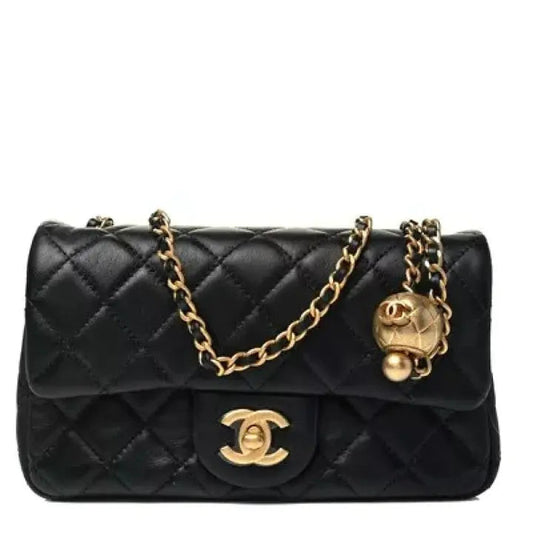 Lambskin Quilted CC Pearl Crush Mini Rectangular Flap Black