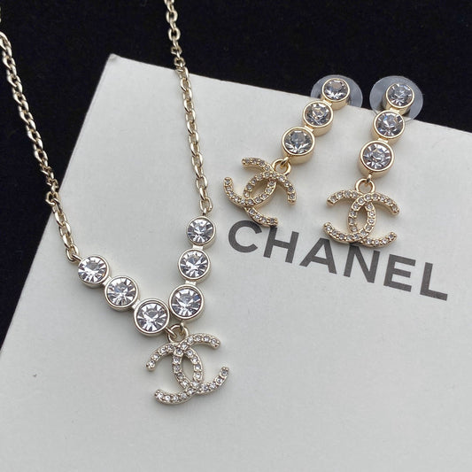 Fashion Double C Rhinestone Necklace and Earrings Set