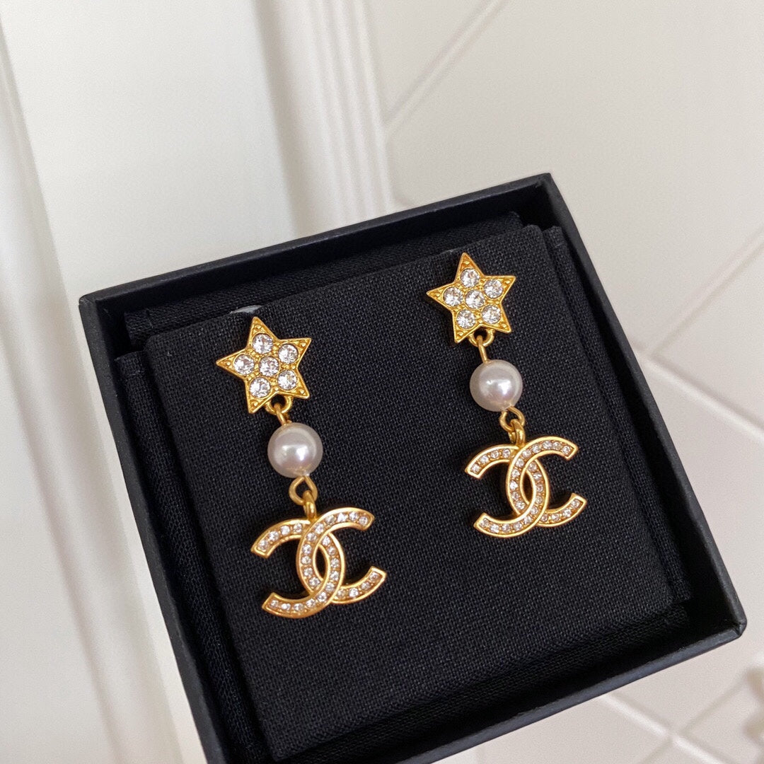 Luxury full diamond pentagram pearl earrings