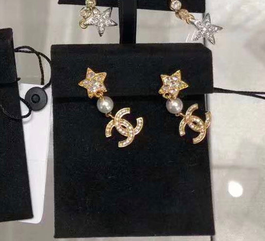 Luxury full diamond pentagram pearl earrings